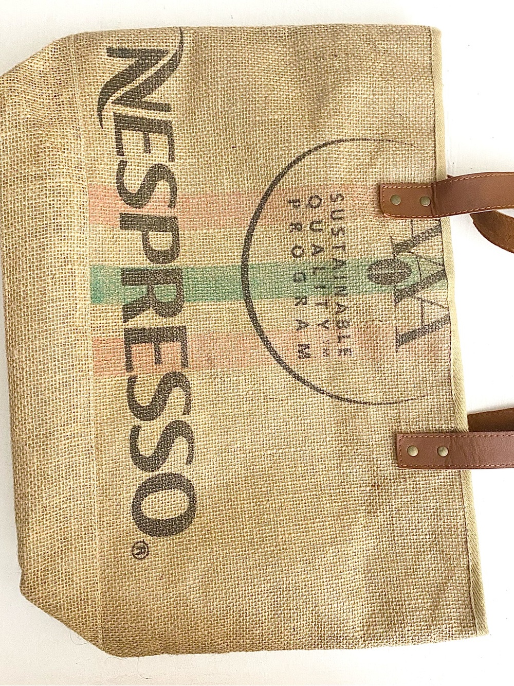 Nespresso logo tote 100% Jute with Brown leather straps and 100% cotton lining - Picture 5 of 11
